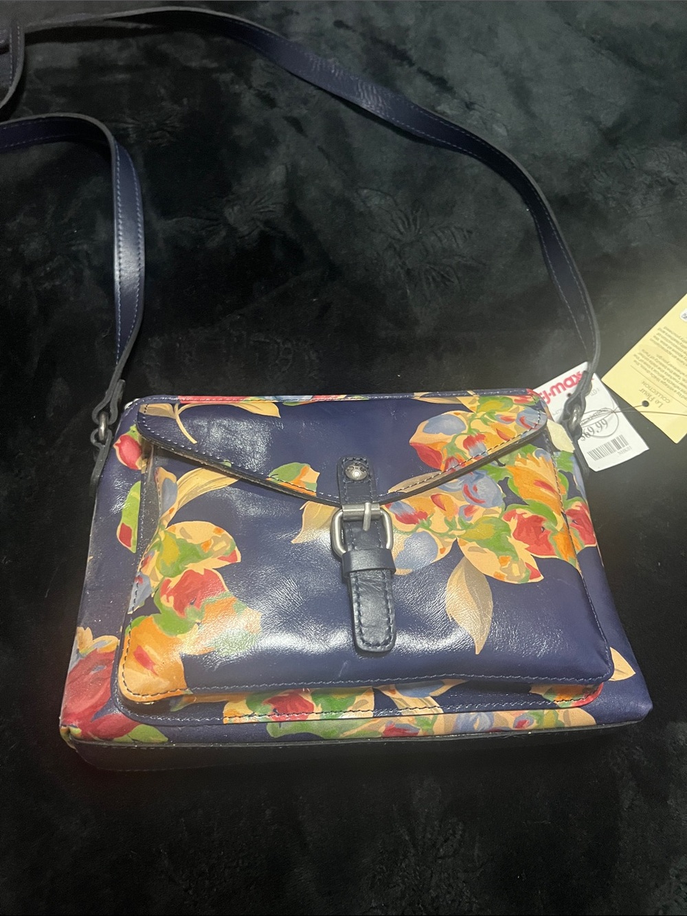 Patricia Nash Navy Floral Leather Crossbody with Front Buckle